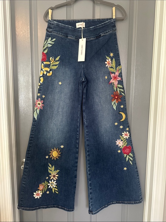DRIFTWOOD Denim - DRIFTWOOD Embroidered Wide-Leg Dark Indigo Jeans with Floral & Celestial Motifs